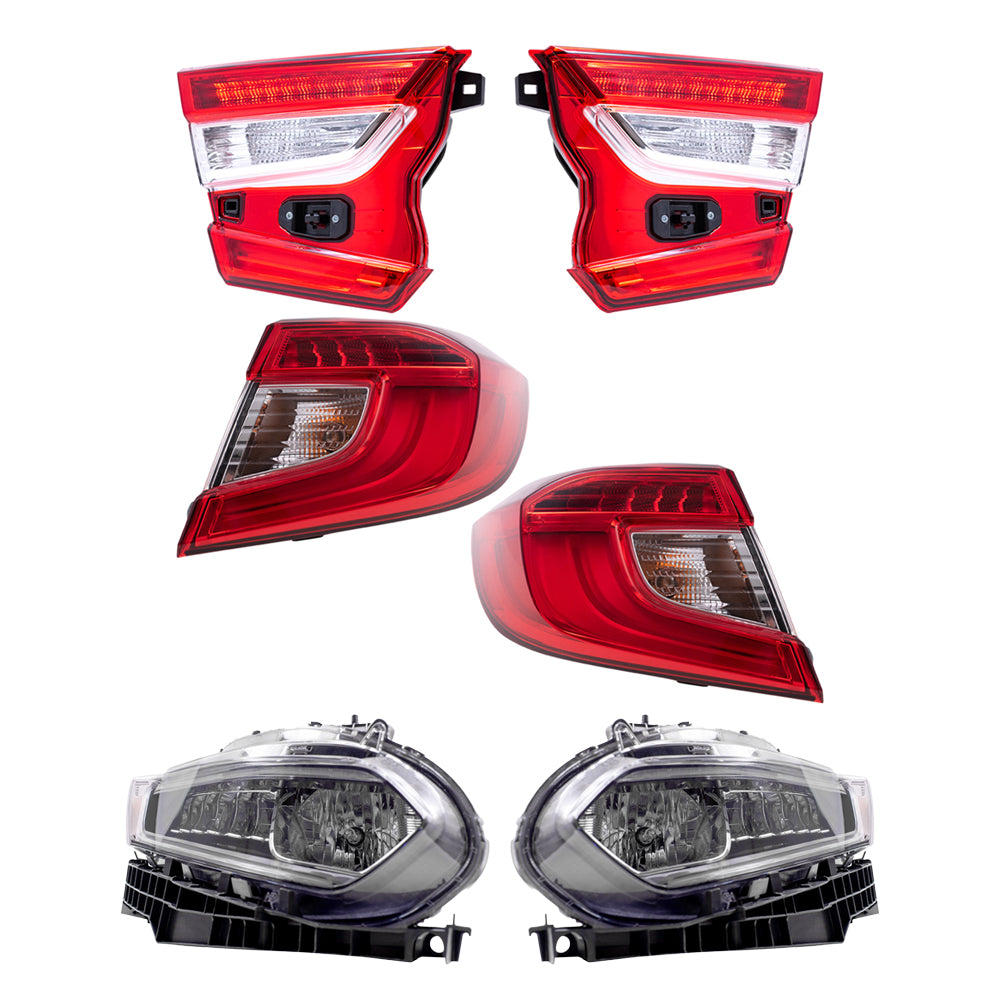 Brock Replacement Driver Left Passenger Right Tail Light & Headlight Assembly 6 Piece Set For 2018-2022 Honda Accord Sedan Except Touring 2021-2022 Honda Accord Hybrid Except Touring