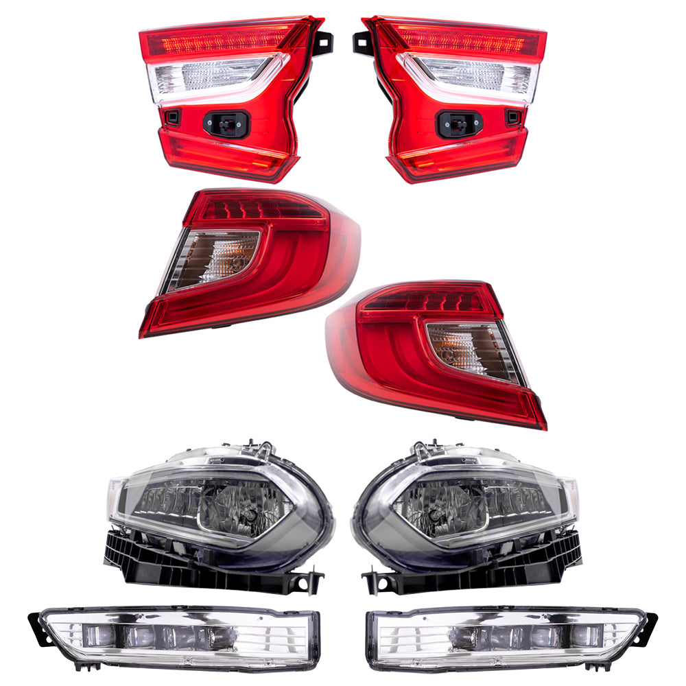 Brock Replacement Driver Left Passenger Right Tail Light-Headlight-Fog Light Assembly 8 Piece Set For 2018-2020 Honda Accord Sedan Except Touring