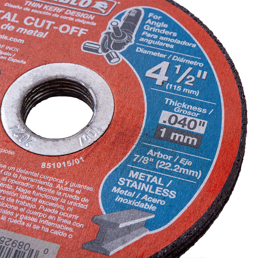 Diablo 4 1/2 Inch Metal Cut-Off Disc .040 Thick - 7/8 Inch Arbor - Type 1 Hub - Thin Kerf Design - Premium Aluminum Oxide Blend For Use On Metal Materials - 13,280 Max Rpm - 25 Pack