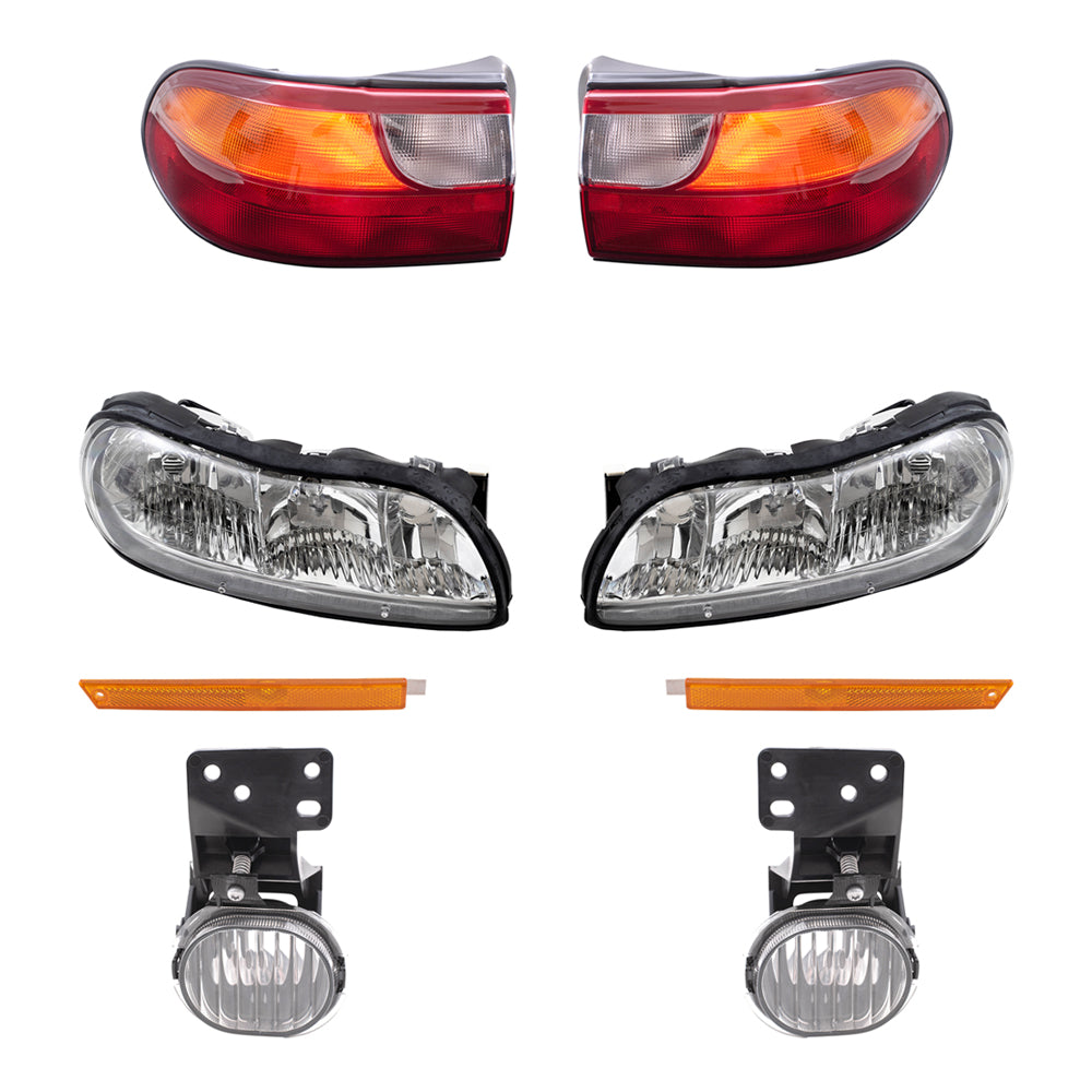 Brock Replacement Driver and Passenger Side Headlights, Side Marker Lights, Fog Lights and Tail Lights 8 Piece Set Compatible with 1997-2003 Malibu & 2004-2005 Malibu Classic