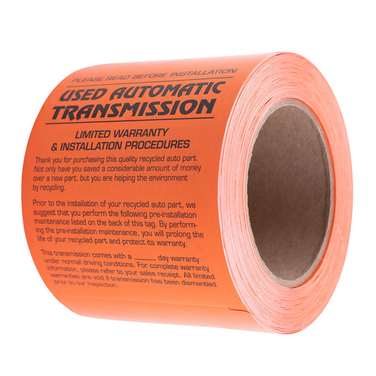 250 Pc Box "Used Automatic Transmission" Pre-Installation Tags 4" x 5 1/2" Weatherproof Polysteel Label for Auto Shop Repair Salvage Recycling