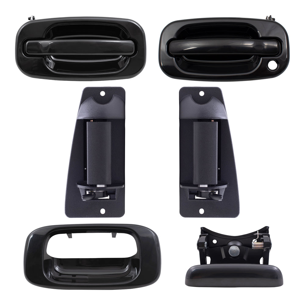 Brock Replacement Front and Rear Outside Door Handles, Tailgate Handle and Tailgate Handle Bezel 6 Piece Set Compatible with 1999-2007 Silverado & 1999-2007 Sierra Extended Cab ONLY