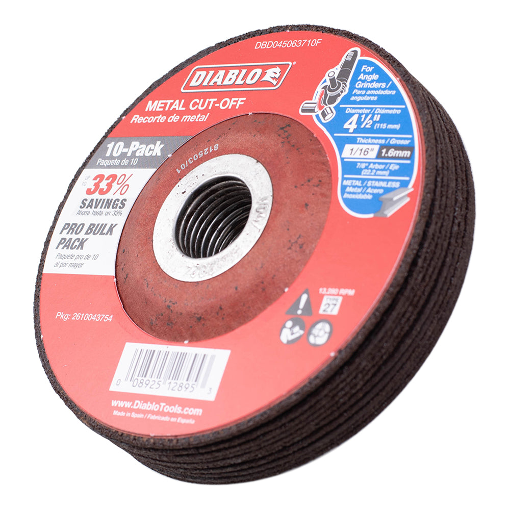 4 1/2 Inches Metal Cut Off Disc .0625 Inches Thick - 7/8 Inches Arbor / 22.2mm -Type 27 Hub - Premium Aluminum Oxide Blend for Use on Metal Materials - 13,280 Max RPM 10 Pack